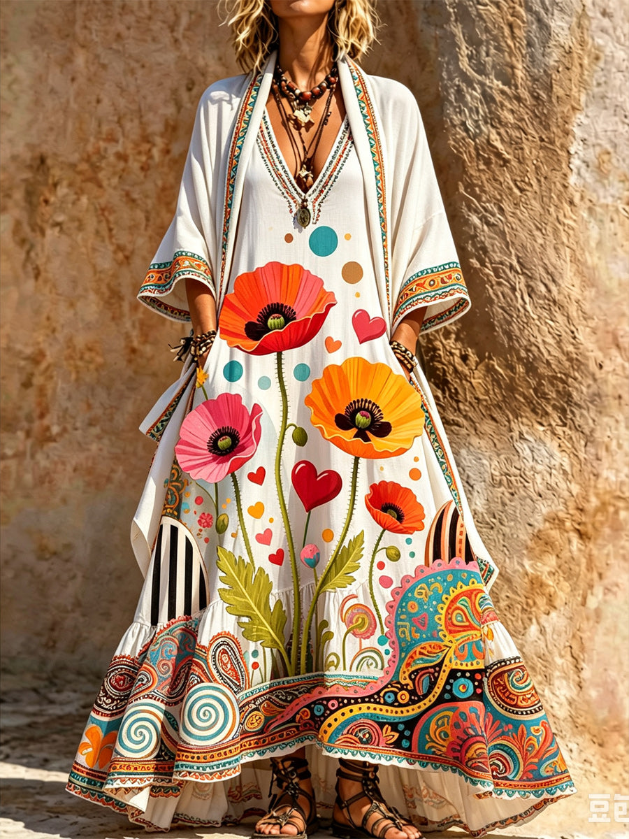 Retro Style Art Printed Vintage Camisole Dress Long Sleeve Two-Piece Maxi Dress